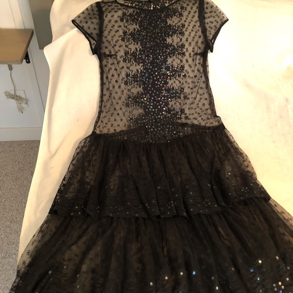 Black Lace Sequin 1920’s Downton Abbey Slip Dress with Lace Overlay. 8 Medium - Picture 4 of 12